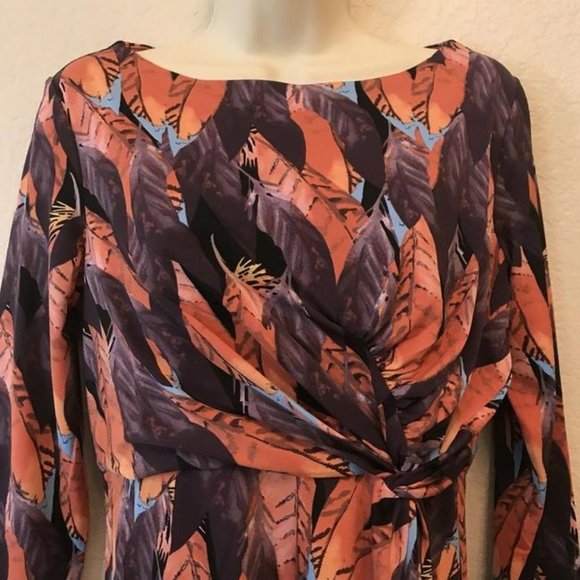 Multi-Colored Feather 3/4 Sleeve Gathered Dress M - Picture 2 of 9